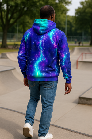 Galaxy Lightning Pullover Hoodie for Men – 3D Cosmic Print, Streetwear Style