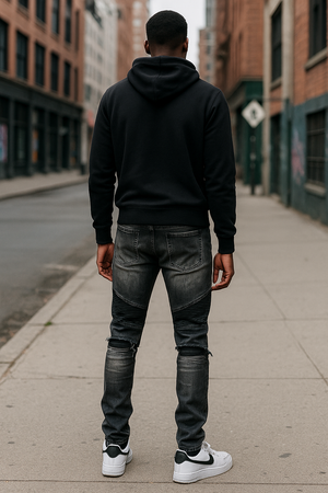 Men’s Distressed Moto Skinny Jeans – Black Washed Biker Denim | Premium Urban Streetwear