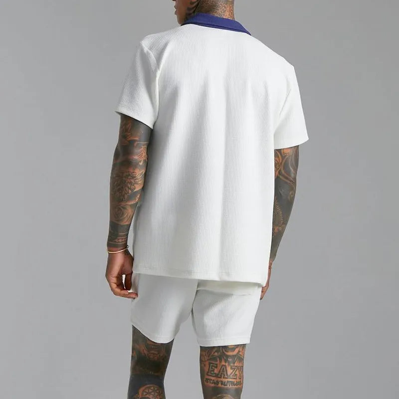 “Men’s Summer Two-Piece Outfit – Short Sleeve Button-Down Shirt with Matching Drawstring Shorts”