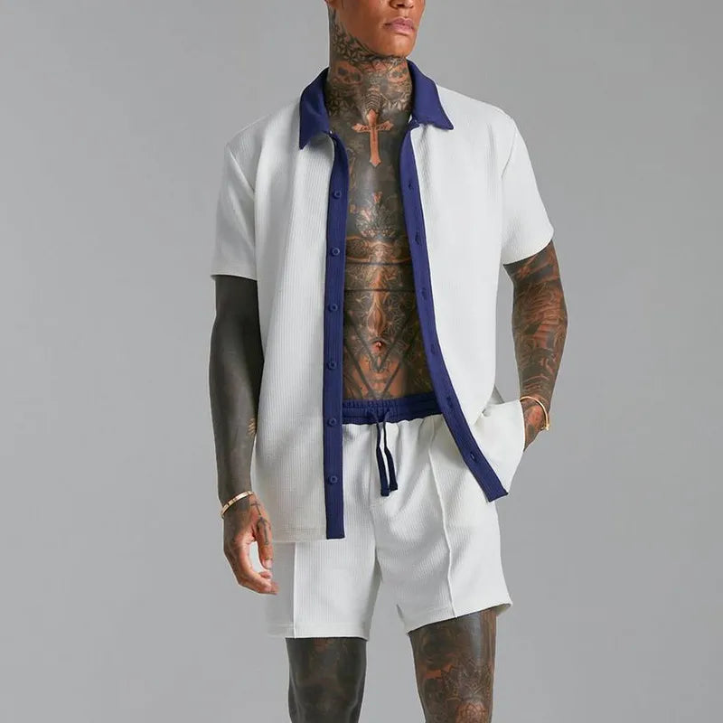 “Men’s Summer Two-Piece Outfit – Short Sleeve Button-Down Shirt with Matching Drawstring Shorts”