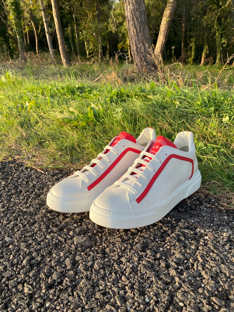 Oregon White and Red Reflective Calf Leather Sneakers | Luxury Designer Low-Top Shoes