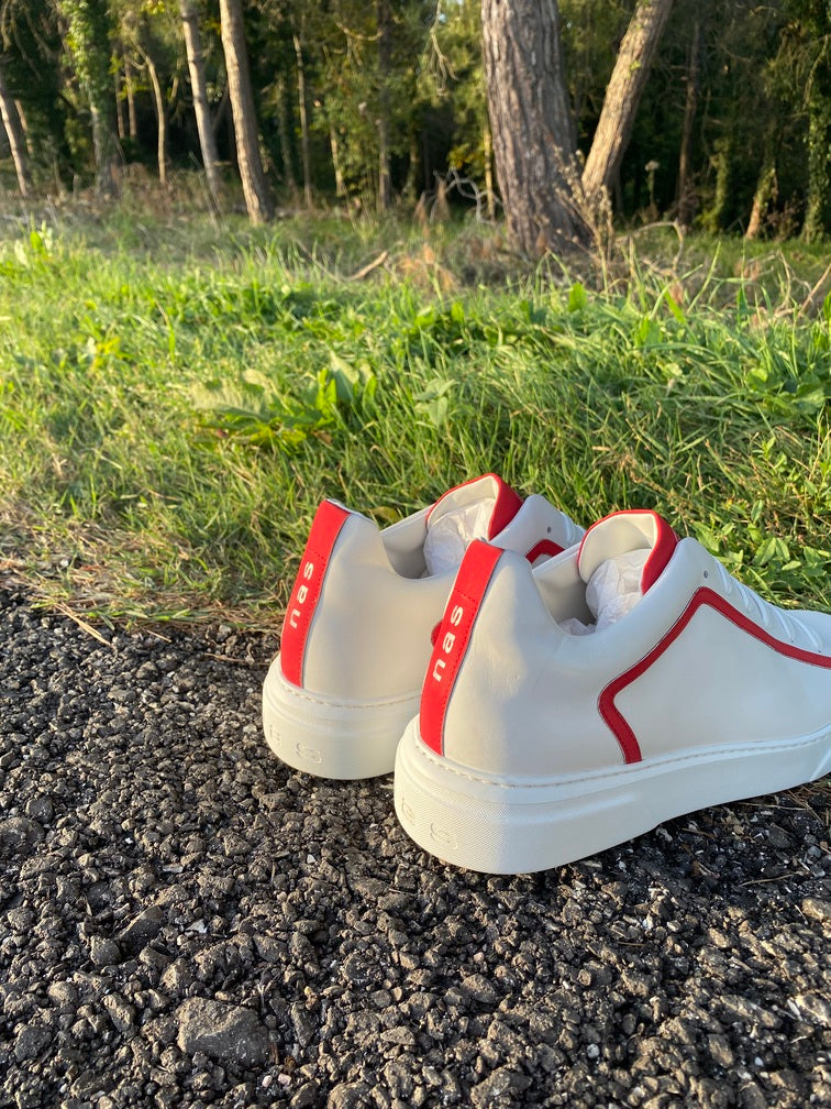 Oregon White and Red Reflective Calf Leather Sneakers | Luxury Designer Low-Top Shoes