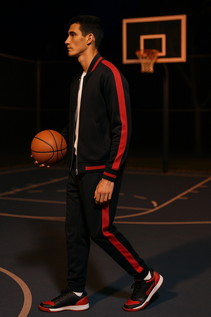 Men’s Black and Red Streetwear Tracksuit Jacket – Athletic Zip-Up Hoodie with Bold Side Stripes