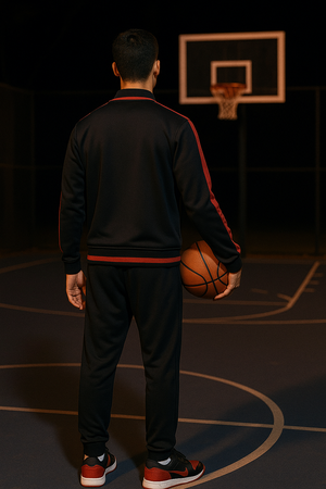 Men’s Black and Red Streetwear Tracksuit Jacket – Athletic Zip-Up Hoodie with Bold Side Stripes