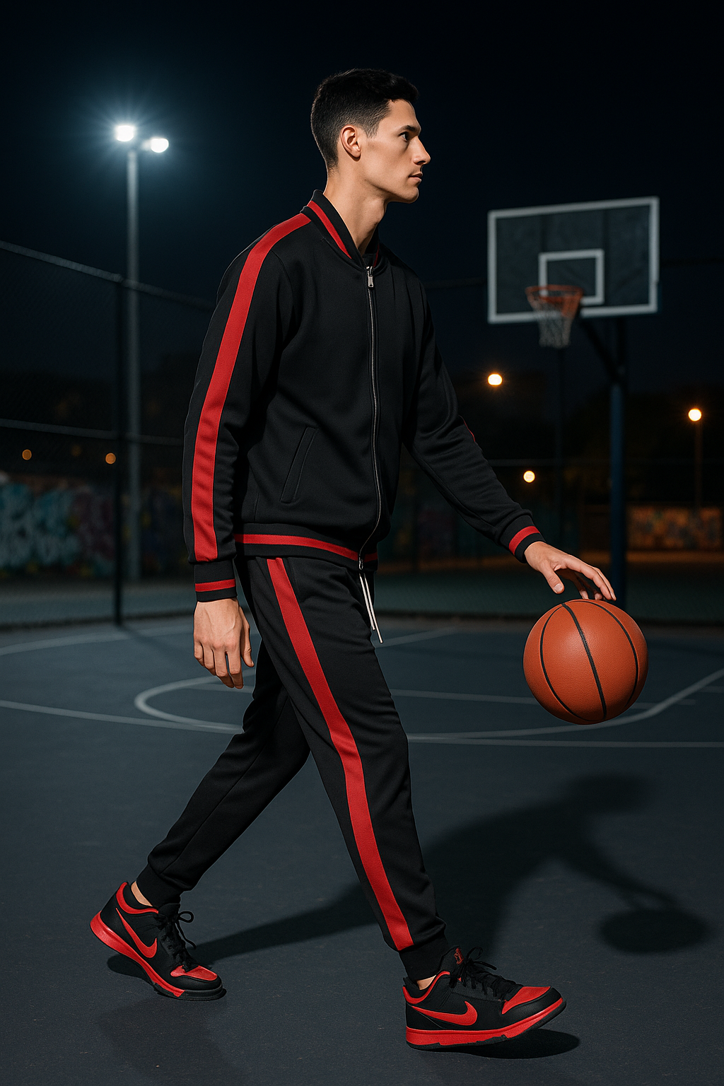 Men’s Black and Red Streetwear Tracksuit Jacket – Athletic Zip-Up Hoodie with Bold Side Stripes