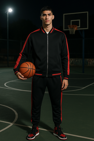 Men’s Black and Red Streetwear Tracksuit Jacket – Athletic Zip-Up Hoodie with Bold Side Stripes