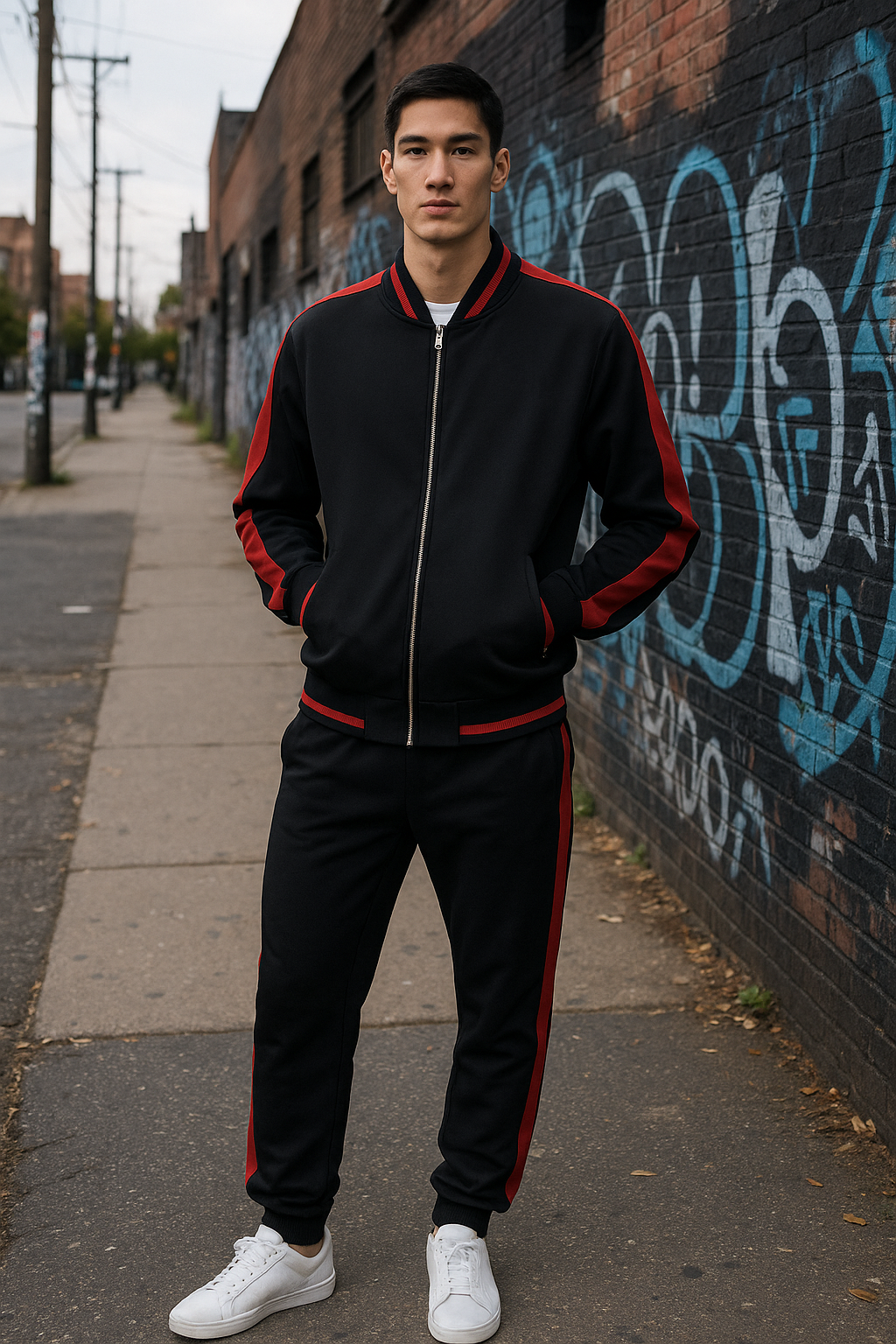 Men’s Black and Red Streetwear Tracksuit Jacket – Athletic Zip-Up Hoodie with Bold Side Stripes