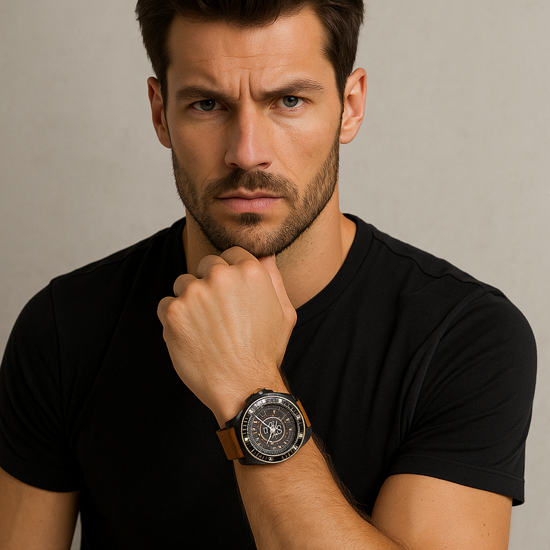 Hydrogen Skull Automatic Watch – Black Carbon Dial, Brown Leather Strap, Japanese Movement