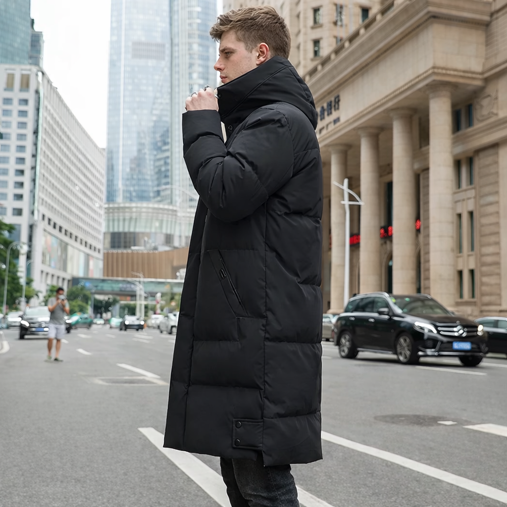 Men’s Long Puffer Winter Coat – Hooded Insulated Down-Style Jacket for Cold Weather Streetwear
