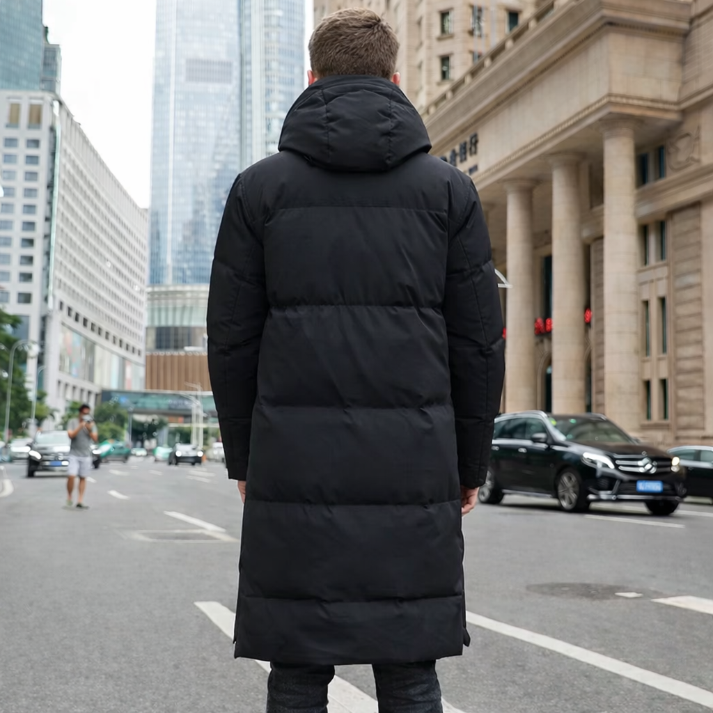 Men’s Long Puffer Winter Coat – Hooded Insulated Down-Style Jacket for Cold Weather Streetwear