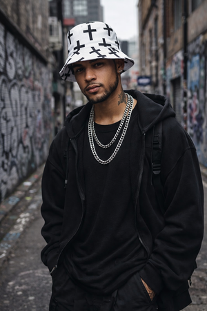 Unisex White Streetwear Bucket Hat with Black Cross Print – Urban Fashion Festival & Everyday Wear