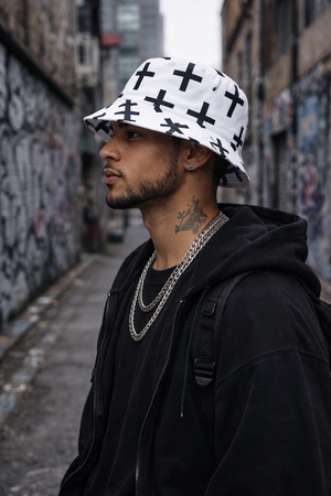 Unisex White Streetwear Bucket Hat with Black Cross Print – Urban Fashion Festival & Everyday Wear