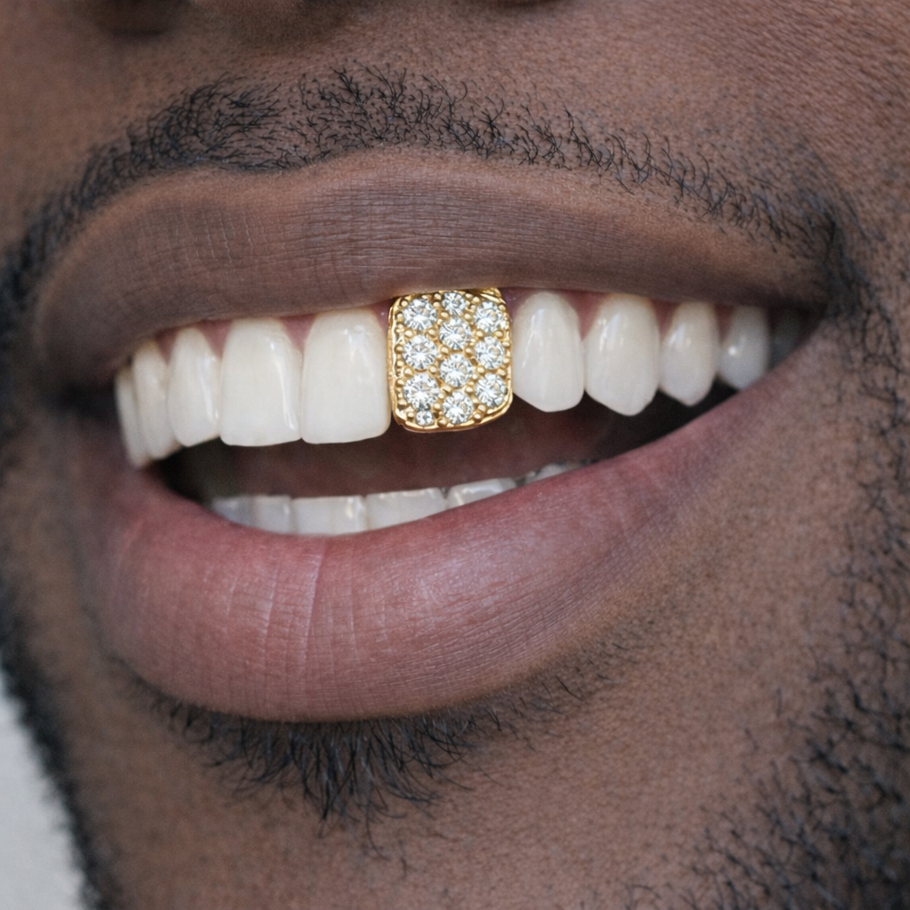 Single Tooth Micropavé CZ Gold Grillz – Iced Out Cubic Zirconia Front Tooth & Canine Dental Jewelry