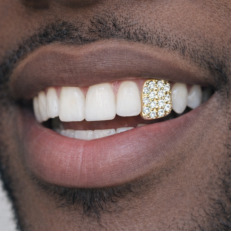 Single Tooth Micropavé CZ Gold Grillz – Iced Out Cubic Zirconia Front Tooth & Canine Dental Jewelry