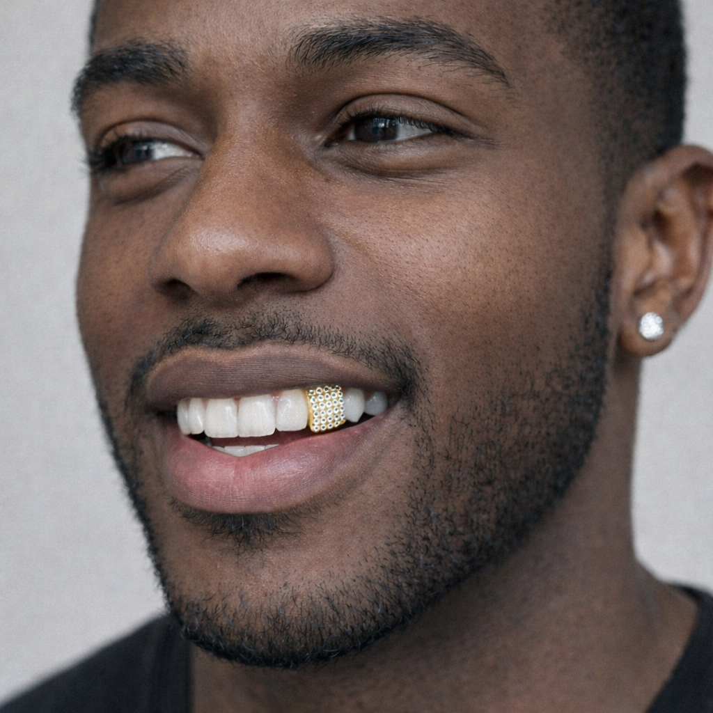 Single Tooth Micropavé CZ Gold Grillz – Iced Out Cubic Zirconia Front Tooth & Canine Dental Jewelry