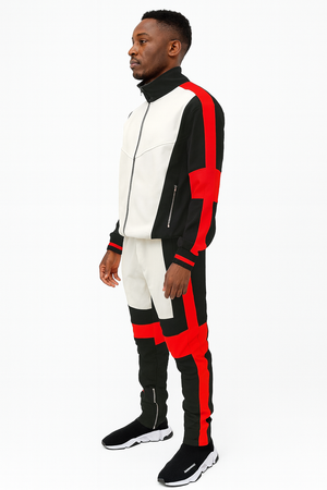 Men’s Color Block Track Suit – White, Black & Red Zip-Up Jacket with Matching Joggers