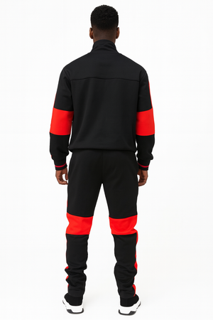 Men’s Color Block Track Suit – White, Black & Red Zip-Up Jacket with Matching Joggers
