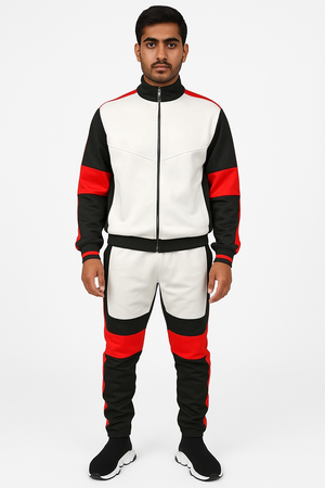 Men’s Color Block Track Suit – White, Black & Red Zip-Up Jacket with Matching Joggers