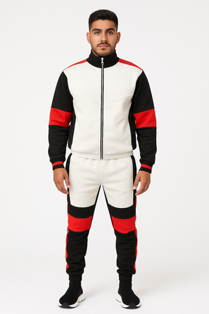Men’s Color Block Track Suit – White, Black & Red Zip-Up Jacket with Matching Joggers