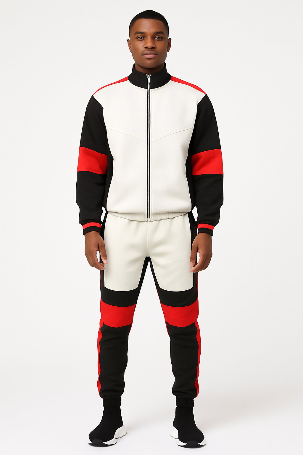 Men’s Color Block Track Suit – White, Black & Red Zip-Up Jacket with Matching Joggers