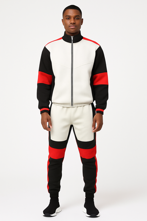 Men’s Color Block Track Suit – White, Black & Red Zip-Up Jacket with Matching Joggers
