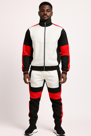 Men’s Color Block Track Suit – White, Black & Red Zip-Up Jacket with Matching Joggers