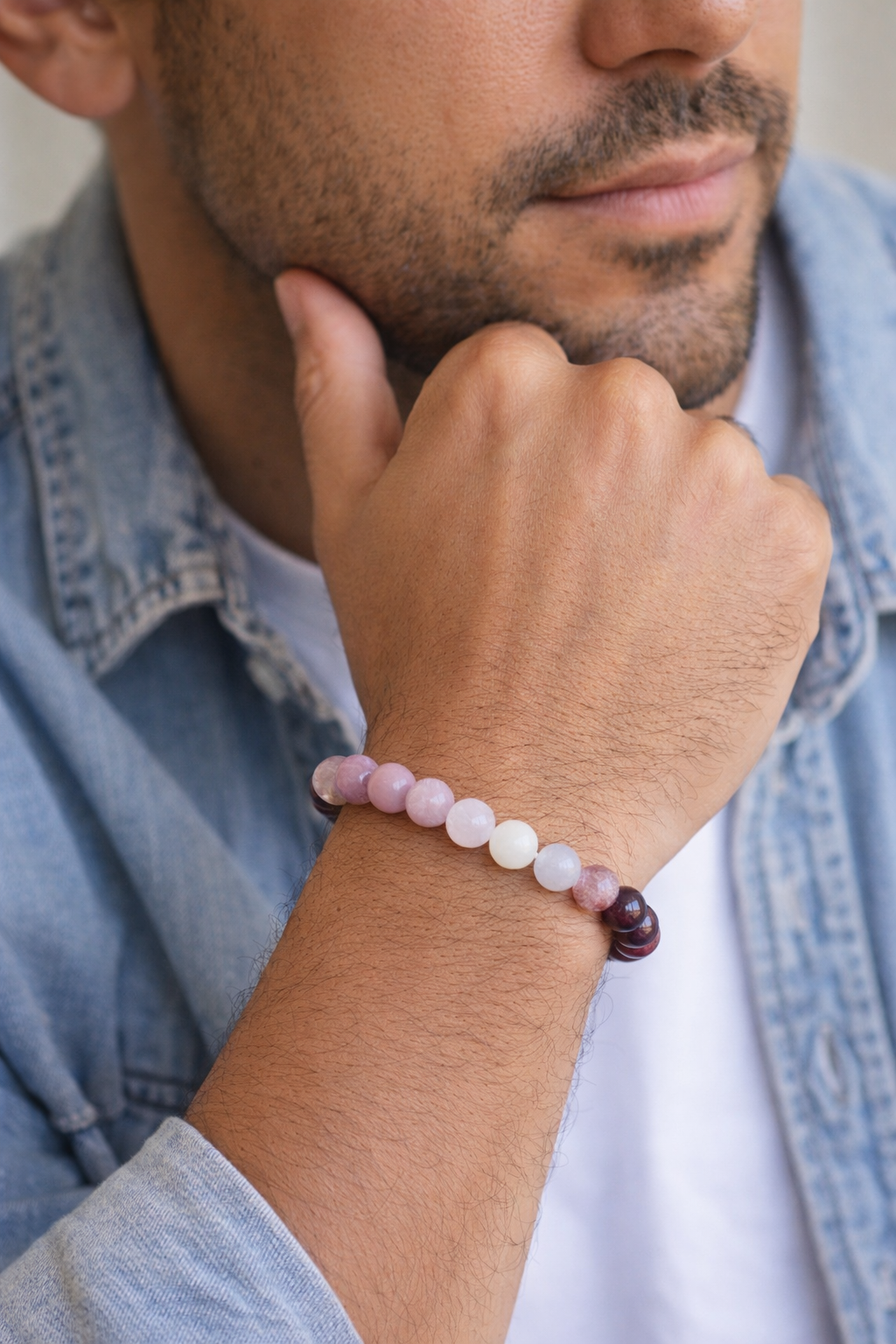 Love Spell Healing Crystal Bracelet for Men – Garnet, Strawberry Quartz, Rhodonite, Rose Quartz & Moonstone Beaded Energy Bracelet for Love & Attraction