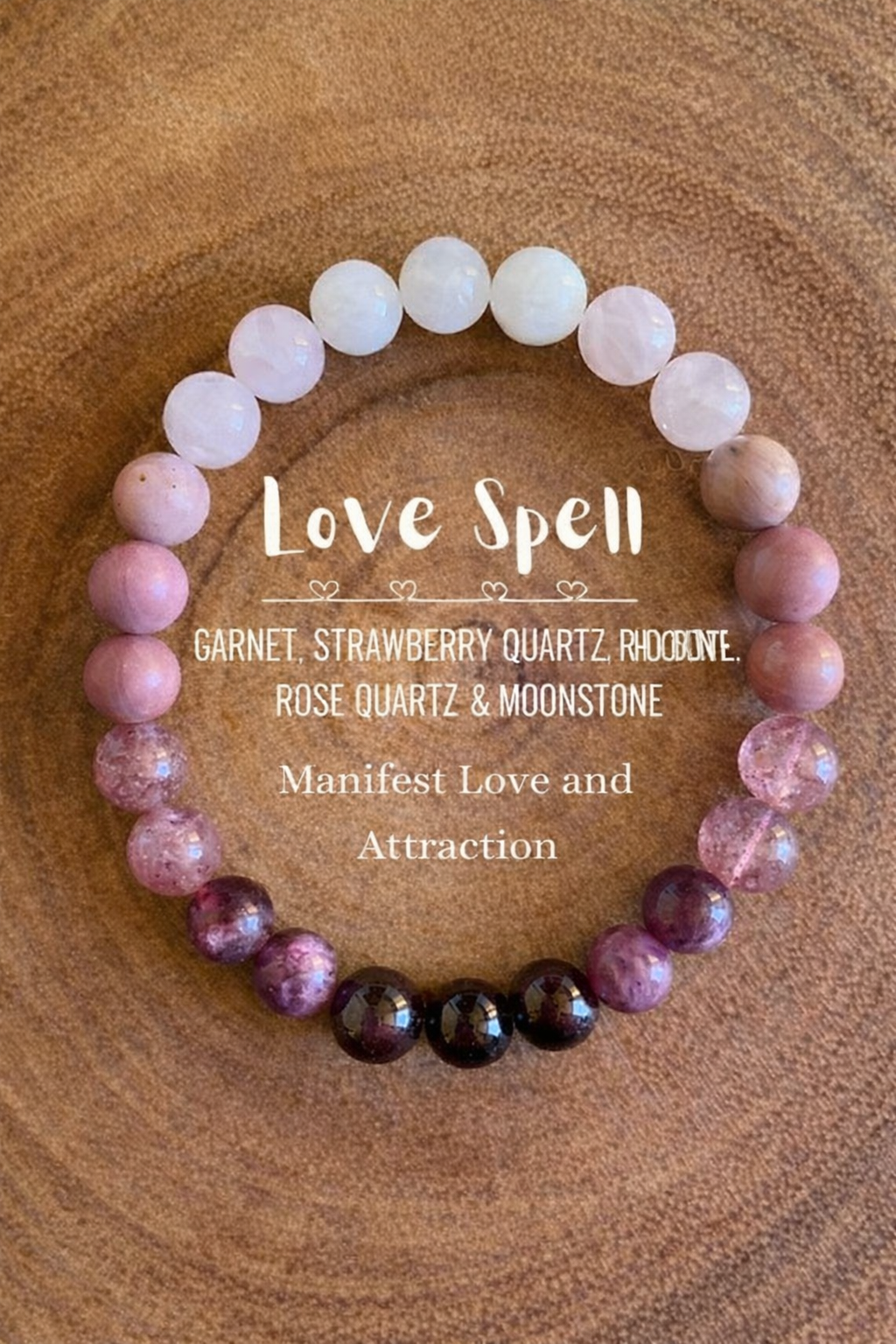 Love Spell Healing Crystal Bracelet for Men – Garnet, Strawberry Quartz, Rhodonite, Rose Quartz & Moonstone Beaded Energy Bracelet for Love & Attraction