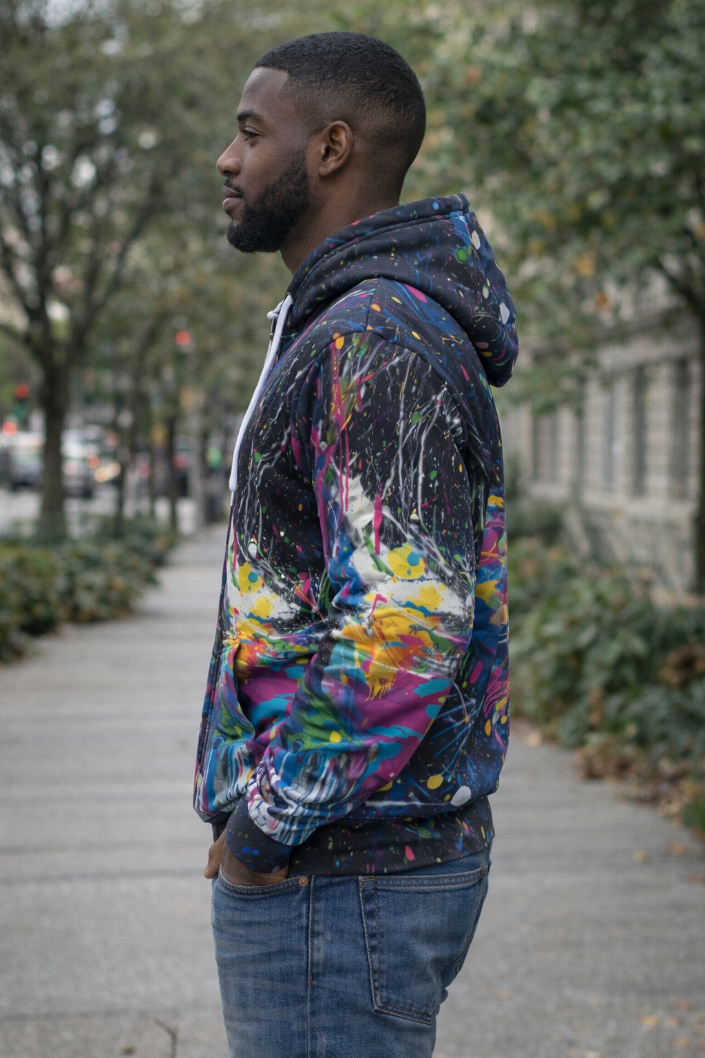 Men’s Abstract Paint Splatter Zip-Up Hoodie – Streetwear Graphic Pullover Jacket