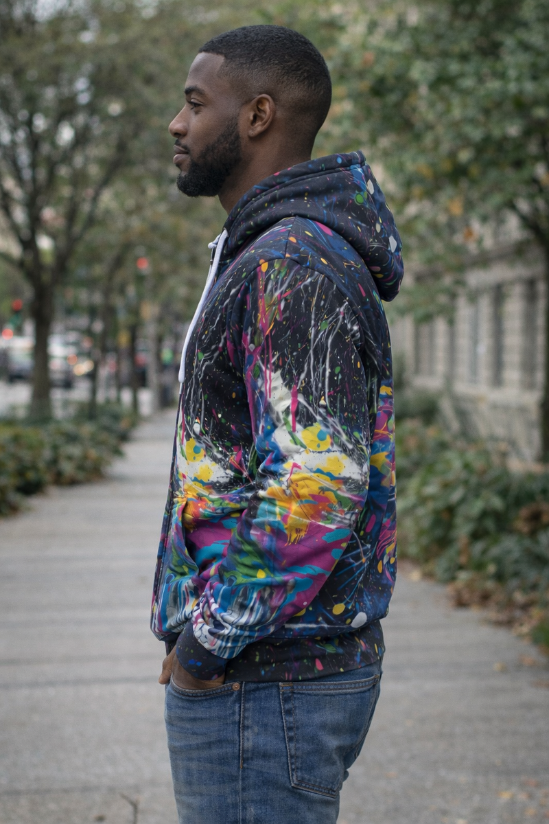 Men’s Abstract Paint Splatter Zip-Up Hoodie – Streetwear Graphic Pullover Jacket