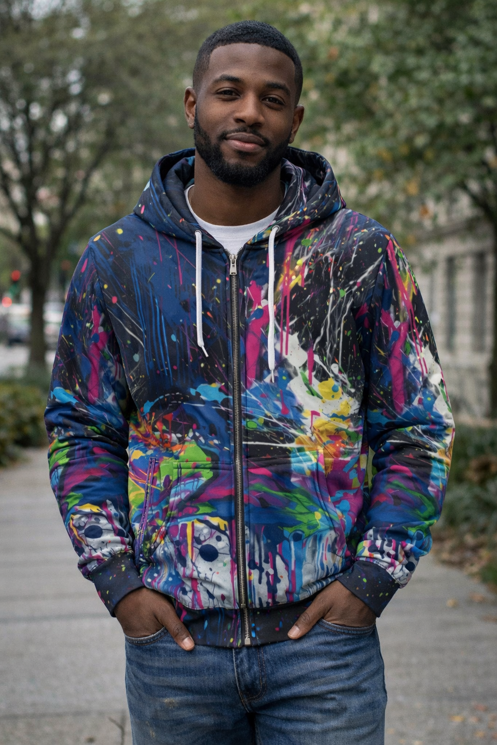 Men’s Abstract Paint Splatter Zip-Up Hoodie – Streetwear Graphic Pullover Jacket