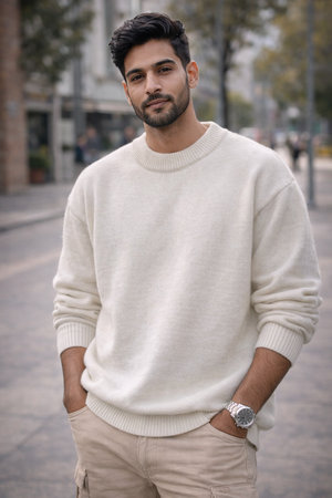 Men’s Premium Wool Blend Crewneck Sweater – Soft, Warm, Lightweight Polyester Mix Pullover for Fall & Winter