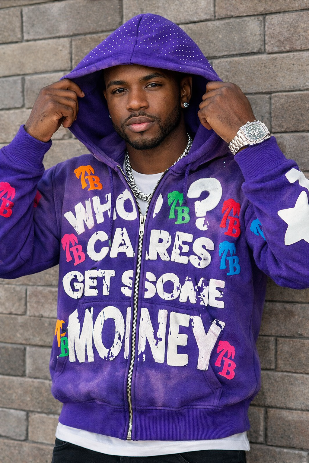 Men’s Purple “Who Cares Get Some Money” Zip-Up Hoodie – Premium Streetwear Graphic Hoodie
