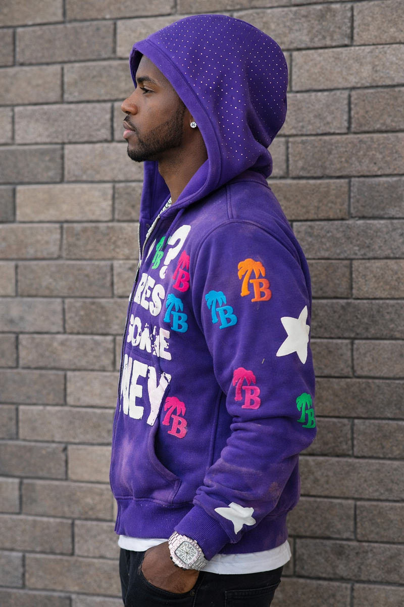 Men’s Purple “Who Cares Get Some Money” Zip-Up Hoodie – Premium Streetwear Graphic Hoodie