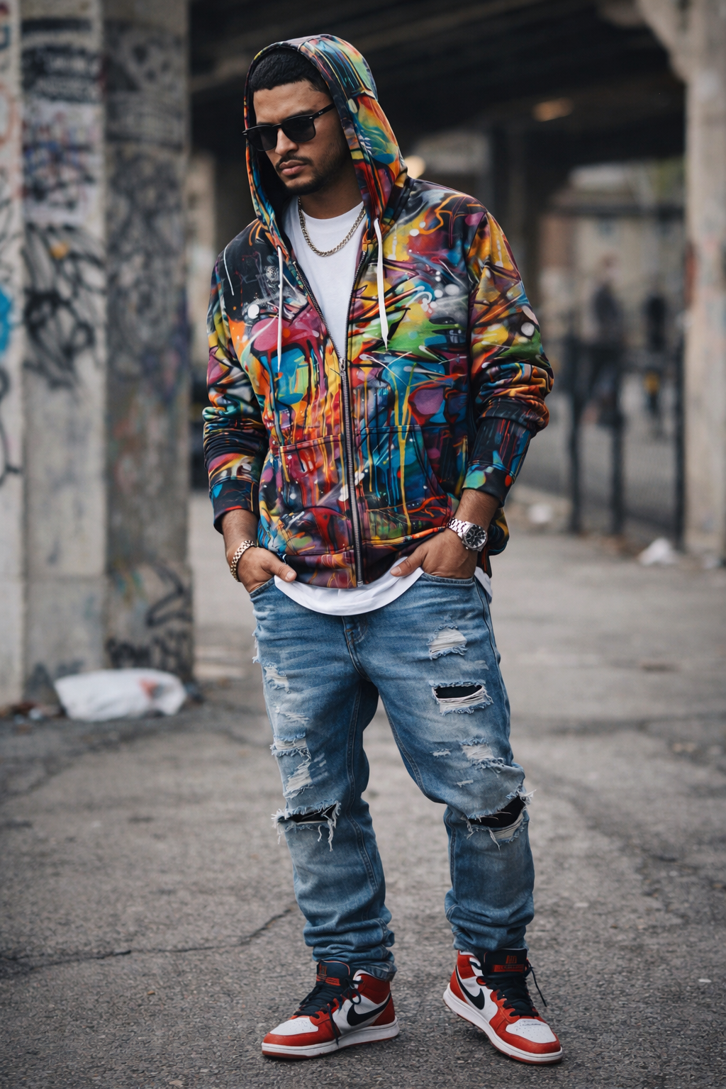 Men’s Graffiti Print Zip-Up Hoodie – Urban Streetwear Pullover with Hood