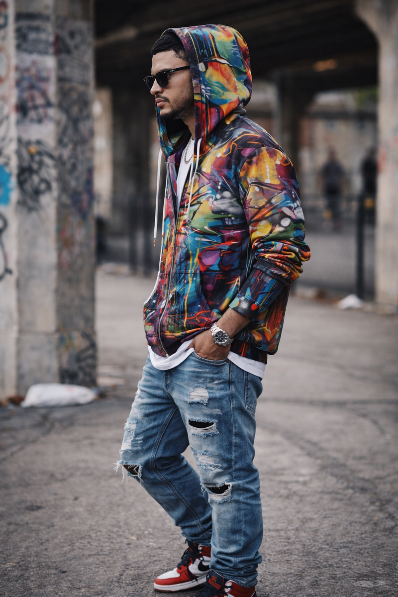 Men’s Graffiti Print Zip-Up Hoodie – Urban Streetwear Pullover with Hood