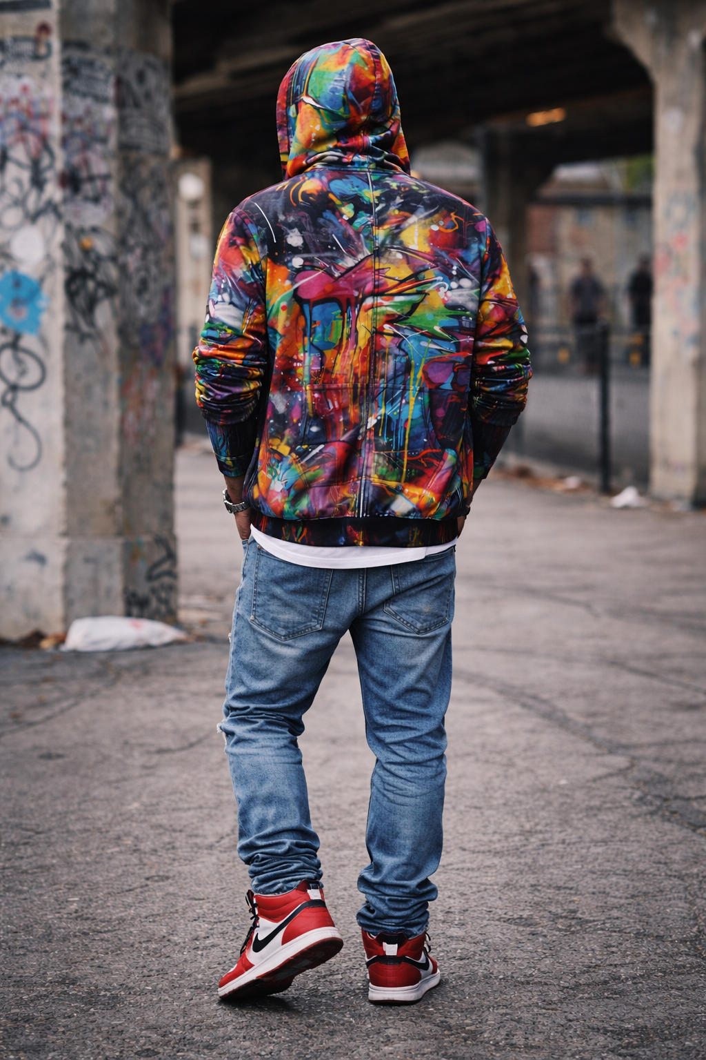 Men’s Graffiti Print Zip-Up Hoodie – Urban Streetwear Pullover with Hood