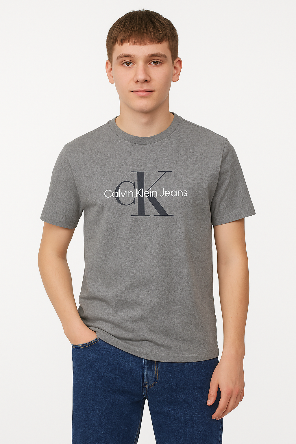 Calvin Klein Jeans Logo Graphic T-Shirt for Men – Classic Grey Crewneck Tee, Casual Designer Style