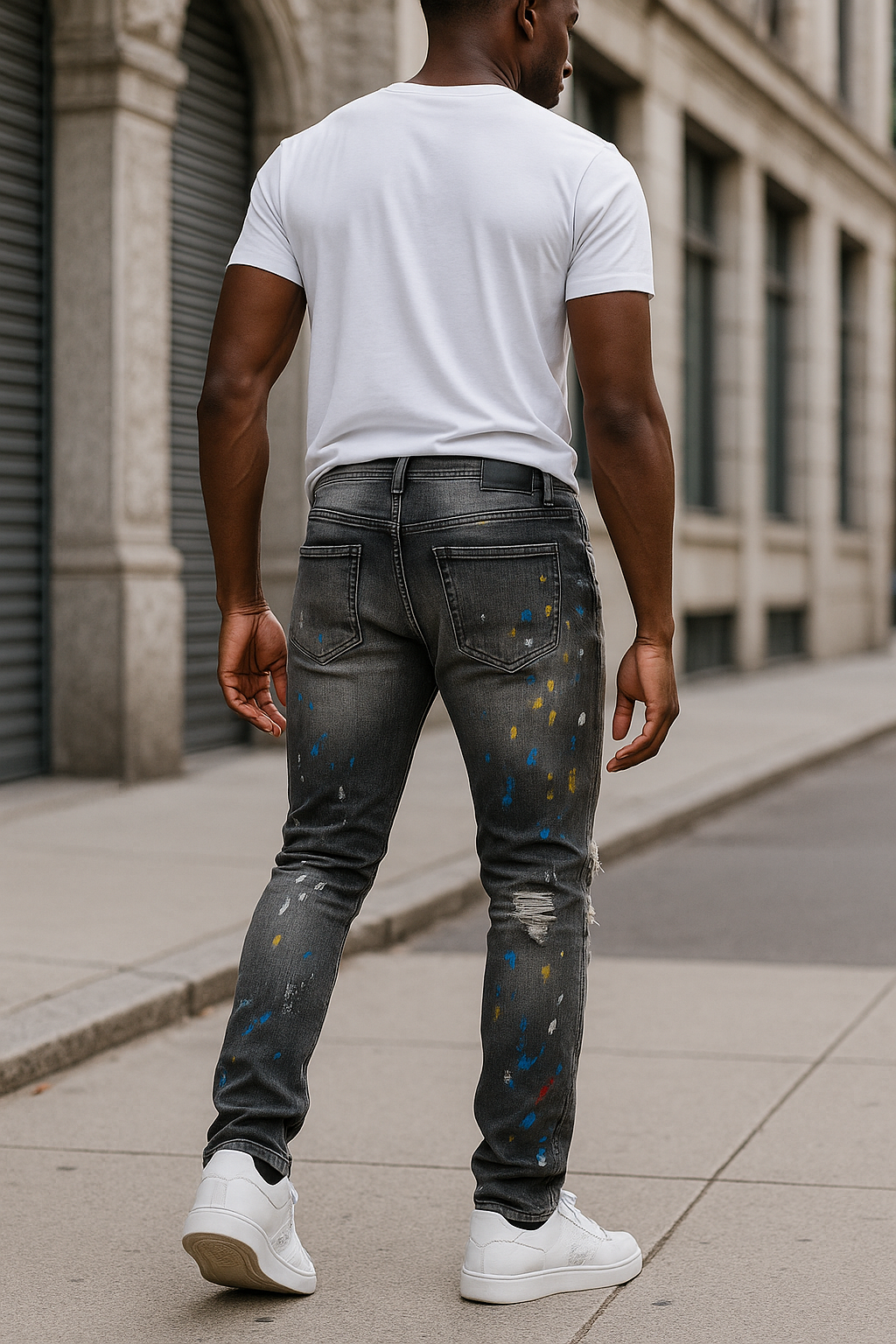 Men Speckle Ink Printed Vintage Pleated Ripped Jeans