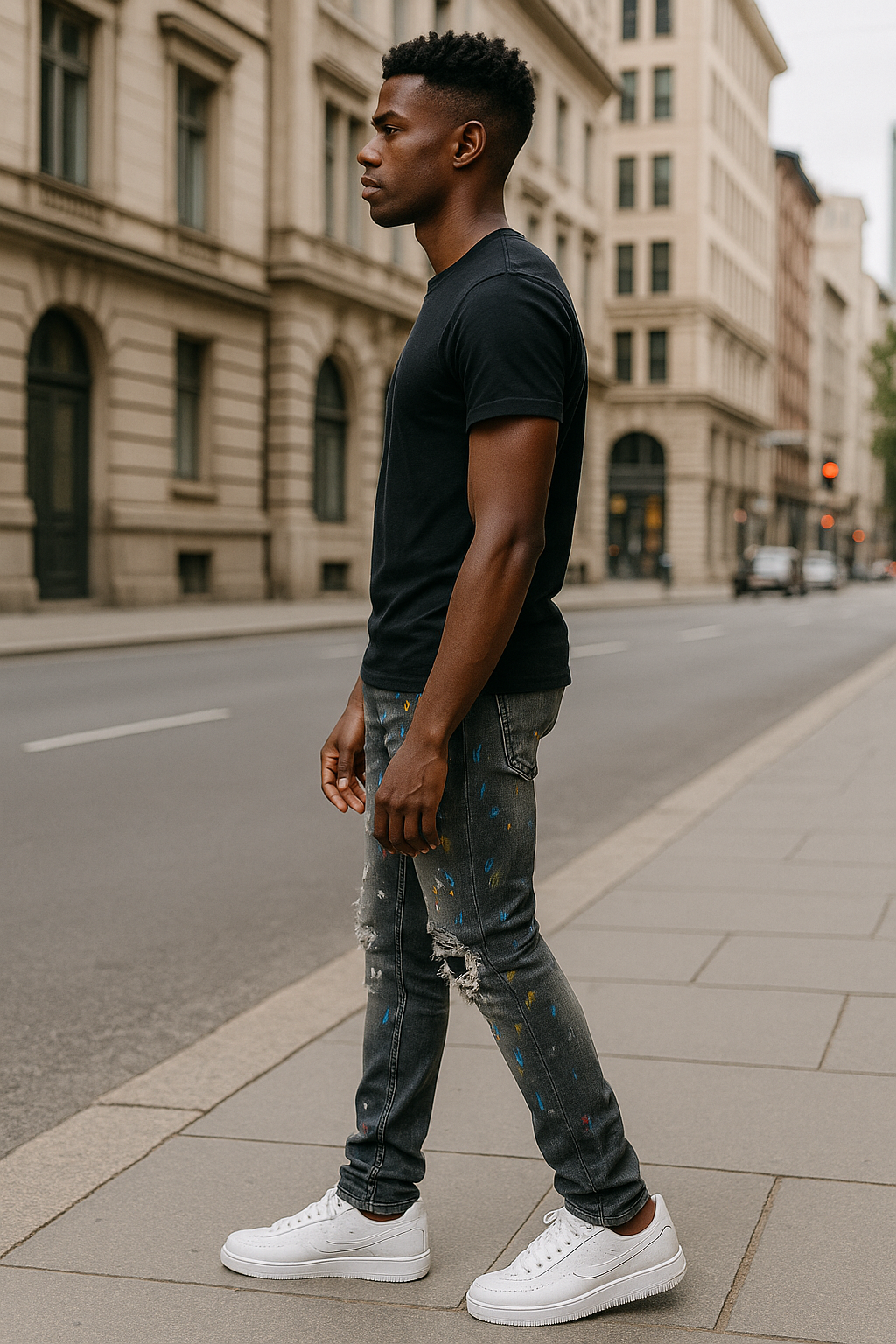 Men Speckle Ink Printed Vintage Pleated Ripped Jeans