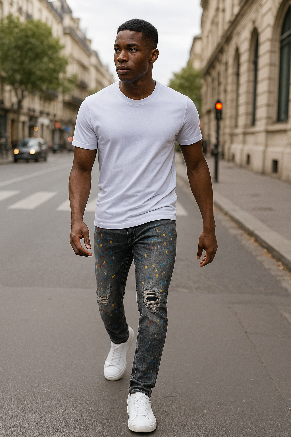 Men Speckle Ink Printed Vintage Pleated Ripped Jeans