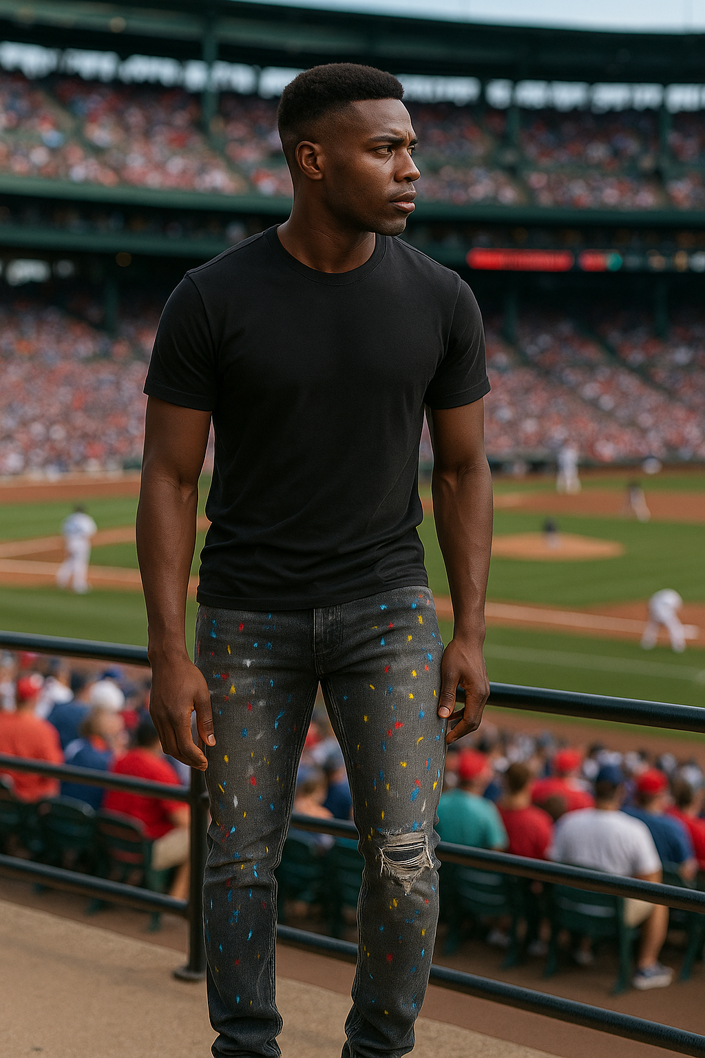 Men Speckle Ink Printed Vintage Pleated Ripped Jeans