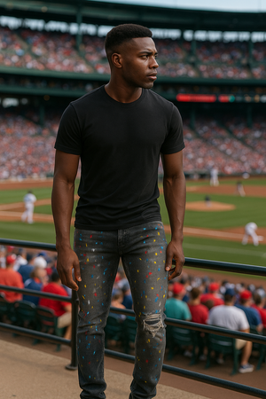 Men Speckle Ink Printed Vintage Pleated Ripped Jeans