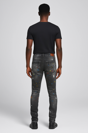 Men Speckle Ink Printed Vintage Pleated Ripped Jeans