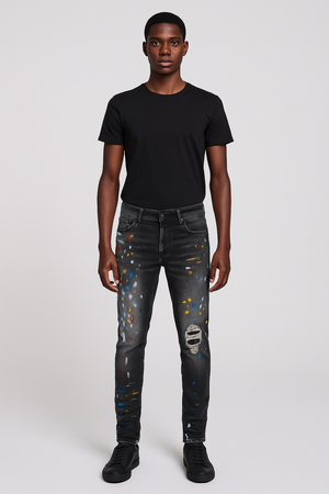 Men Speckle Ink Printed Vintage Pleated Ripped Jeans