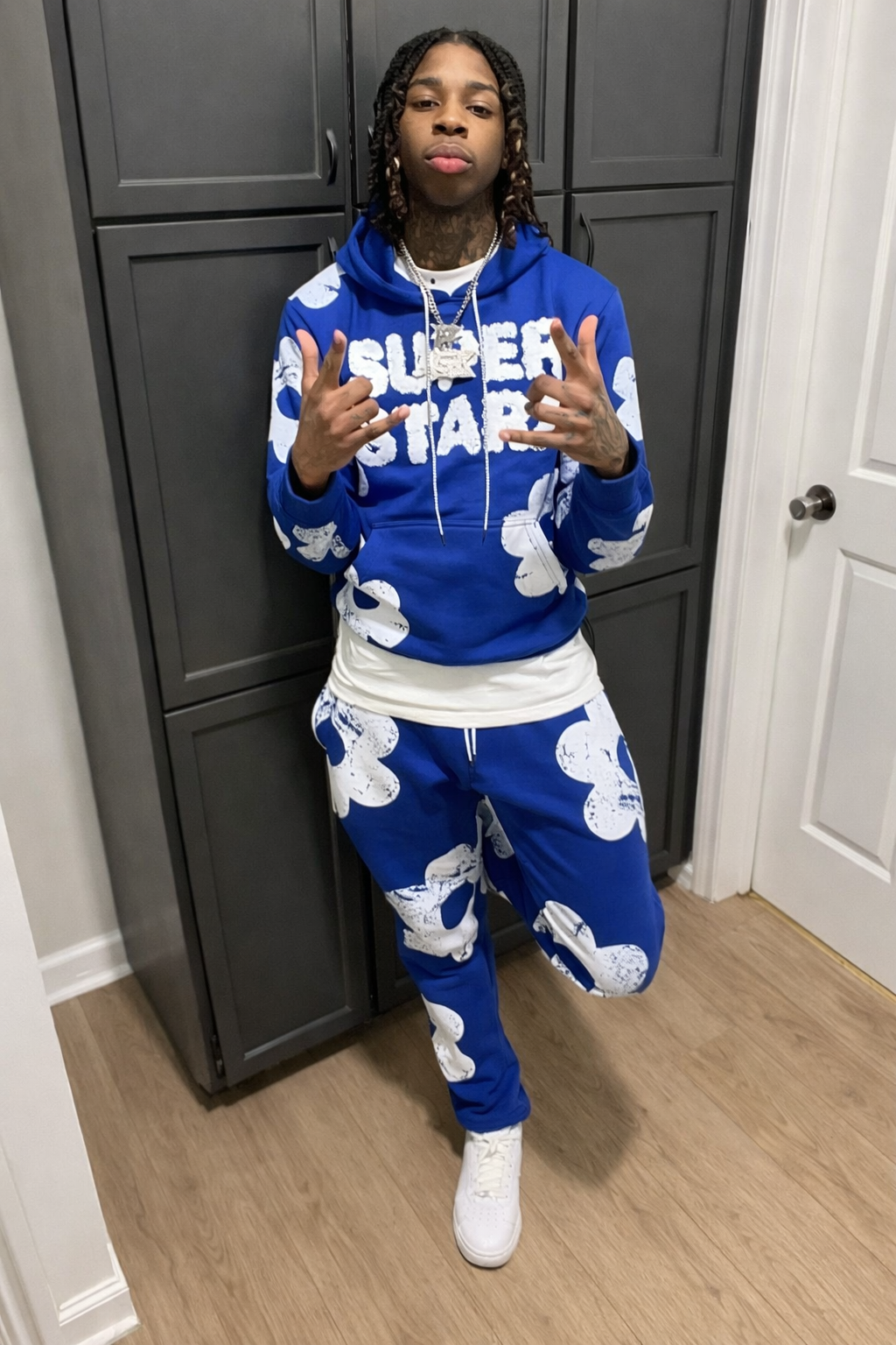 Men’s “Super Star” Blue Cloud Print Hoodie & Jogger Set – Premium Streetwear Two-Piece Tracksuit
