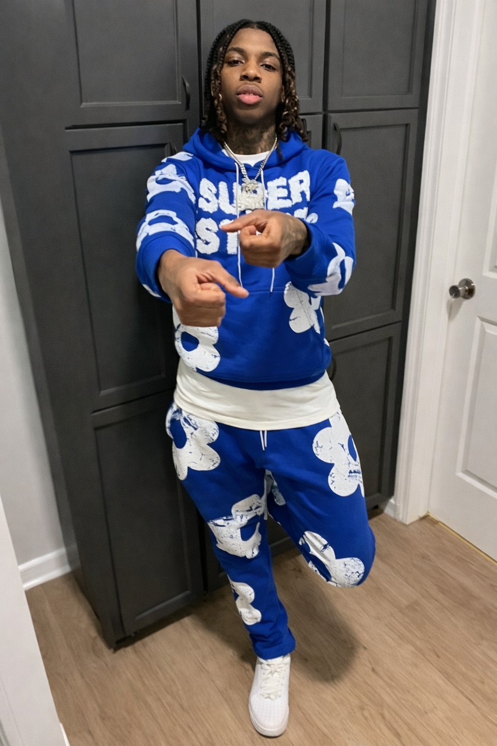 Men’s “Super Star” Blue Cloud Print Hoodie & Jogger Set – Premium Streetwear Two-Piece Tracksuit