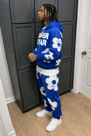 Men’s “Super Star” Blue Cloud Print Hoodie & Jogger Set – Premium Streetwear Two-Piece Tracksuit