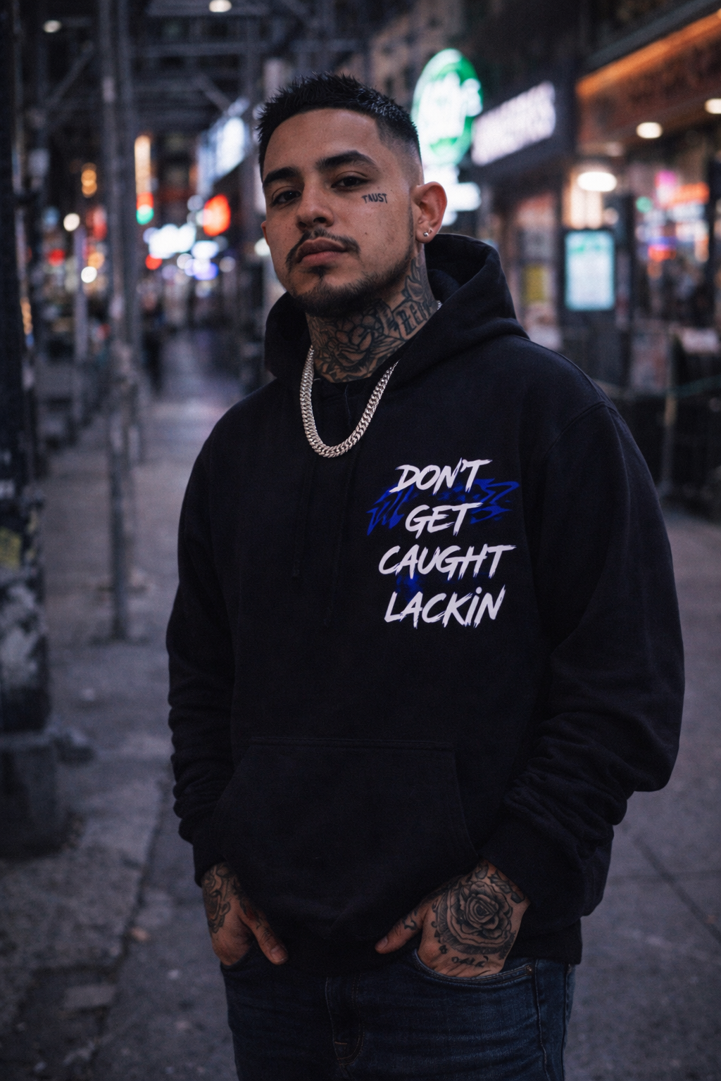 Don’t Get Caught Lackin Black Graphic Hoodie – Streetwear Pullover with Front & Back Print