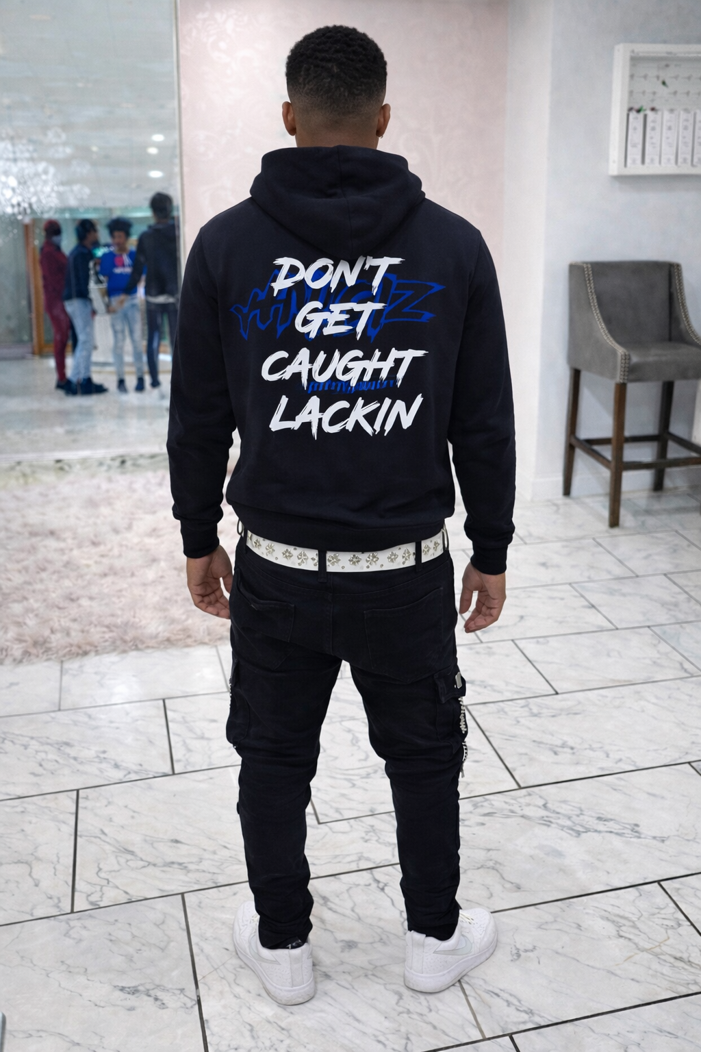 Don’t Get Caught Lackin Black Graphic Hoodie – Streetwear Pullover with Front & Back Print